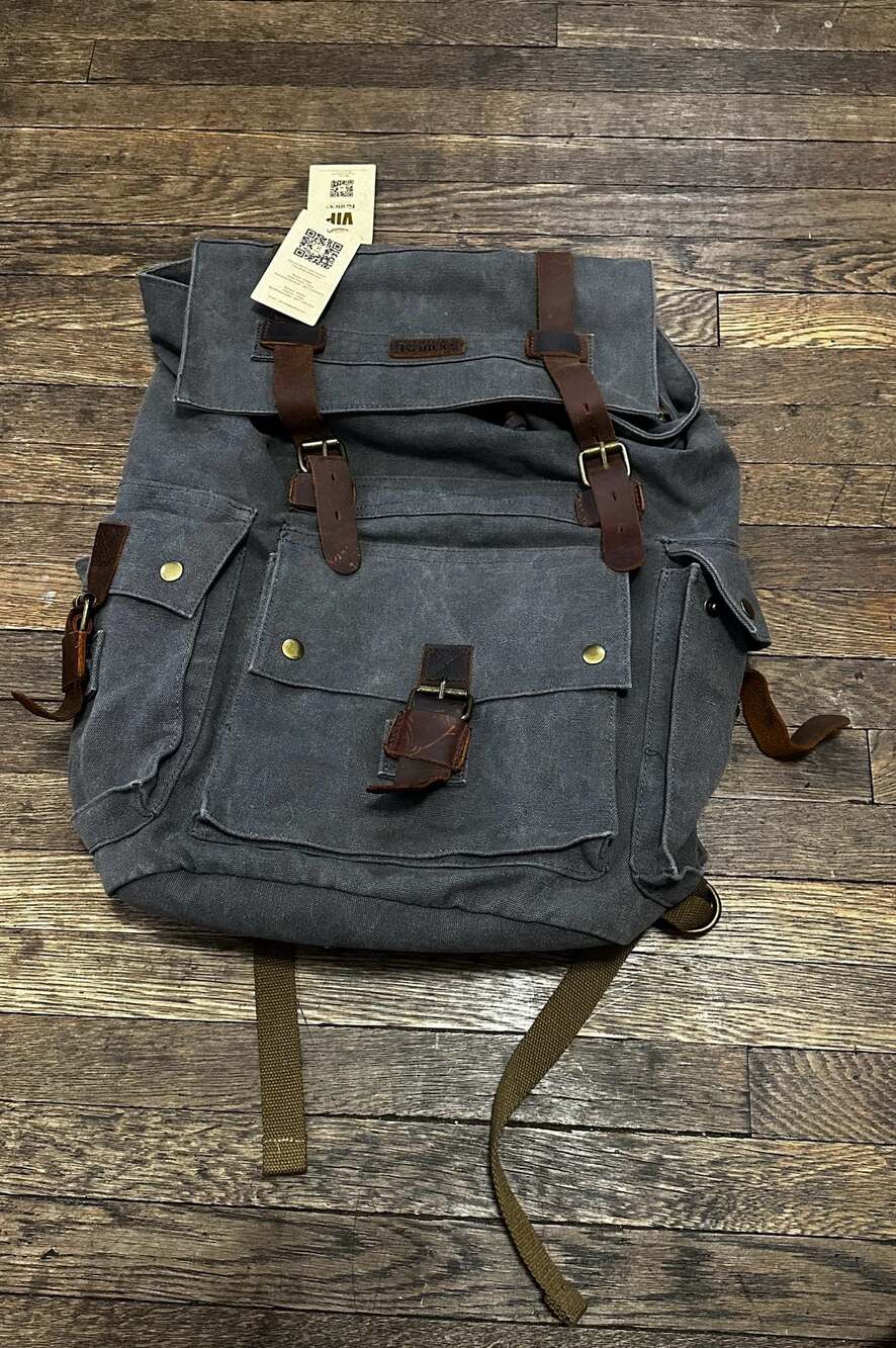 Kattee Vintage Leather and Canvas Backpack Rucksack Gray NWT